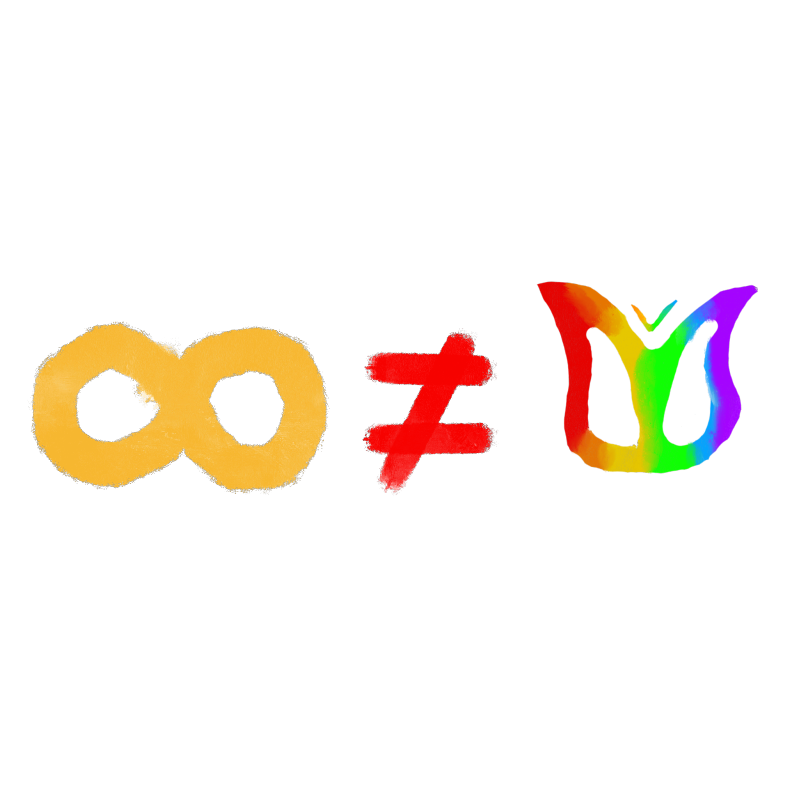 a picture of an yellow infinity symbol on the right. a red crossed out equal mark is in the middle. a picture of a rainbow butterflyis on the right